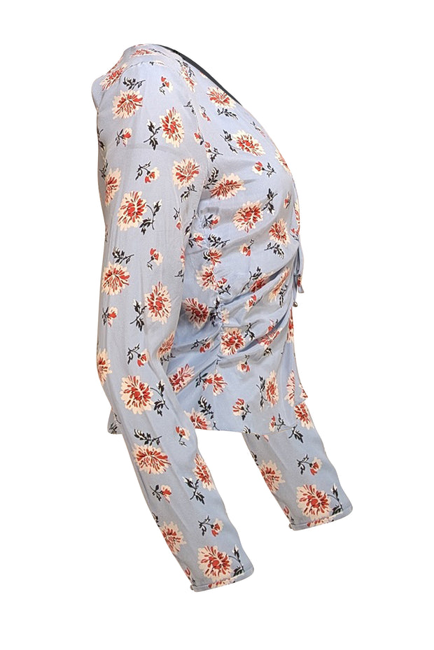 Veronica Beard - Light Blue w/ Cream & Pink Floral Print Ruched Tie Middle Top Sz 4 - Current Boutique