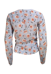 Veronica Beard - Light Blue w/ Cream & Pink Floral Print Ruched Tie Middle Top Sz 4 - Current Boutique