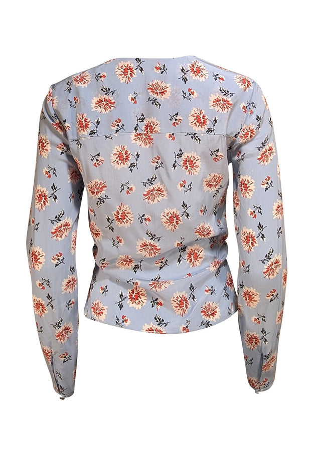 Veronica Beard - Light Blue w/ Cream & Pink Floral Print Ruched Tie Middle Top Sz 4 - Current Boutique