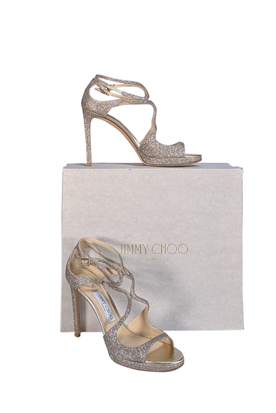 JIMMY CHOO ゴールド グリッター オープントゥ パンプス Jimmy Choo - Champagne Gold Glitter Open Toe Pumps Sz 8.5