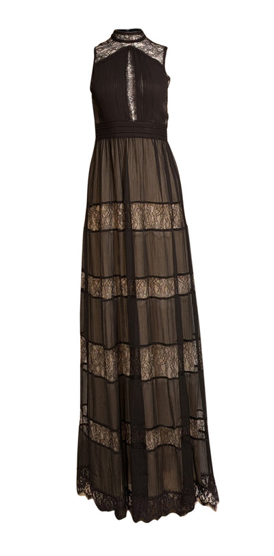 Alice & Olivia - Black Lace Chiffon Maxi "Giovanna" Dress Sz 4 - Current Boutique