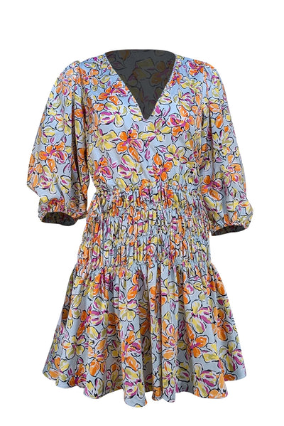 Maje - Light Blue w/ Multi Color Floral Drawstring Waist Dress Sz 6 - Current Boutique