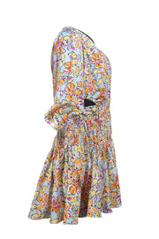 Maje - Light Blue w/ Multi Color Floral Drawstring Waist Dress Sz 6 - Current Boutique