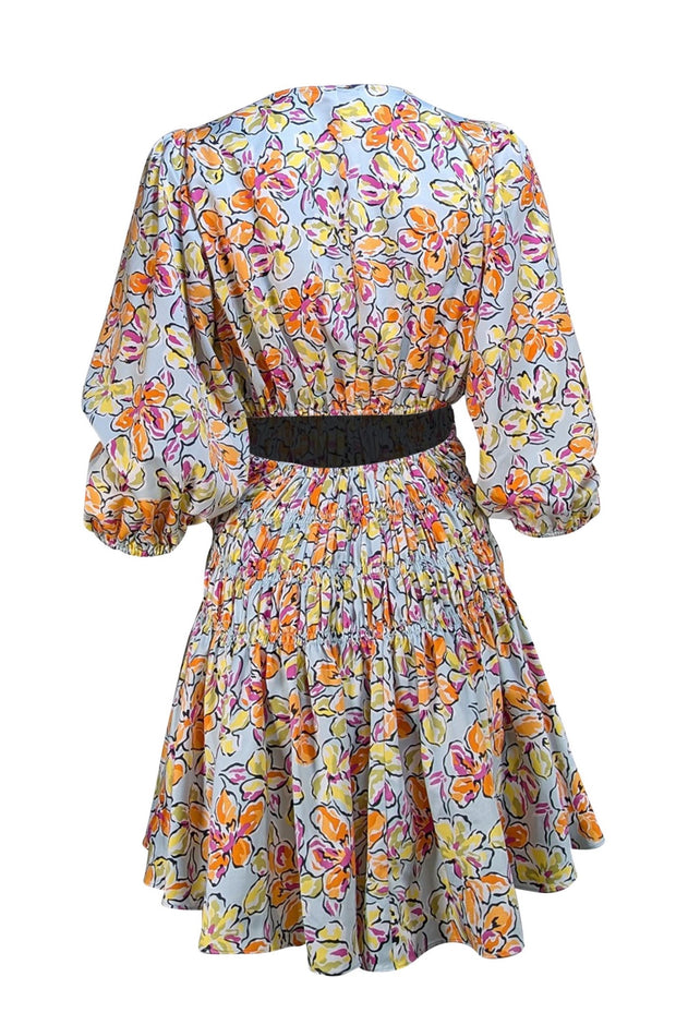 Maje - Light Blue w/ Multi Color Floral Drawstring Waist Dress Sz 6 - Current Boutique