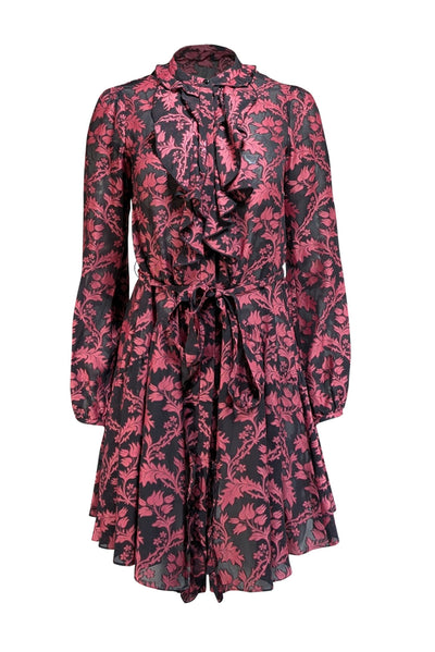 Saloni - Black & Dark Pink Brocade Print Semi Sheer Dress Sz 0 Saloni - Black & Dark Pink Brocade Print Semi Sheer Dress Sz 0