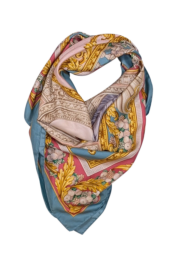 Loewe - Mint Blue, Cream, Gold, & Pink Silk Scarf - Current Boutique