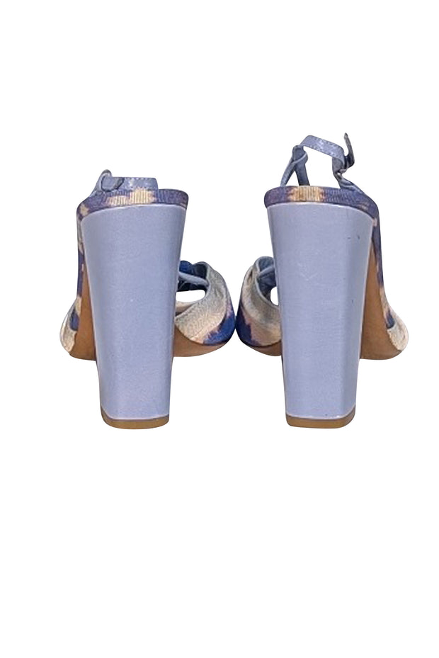 Moschino - Blue & Cream Tie Dye Print Open Toe Strappy Sandal Heels Sz 8.5 - Current Boutique