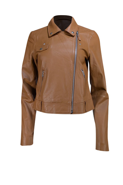 Paige - Tan Genuine Leather Moto Zipper Jacket Sz M