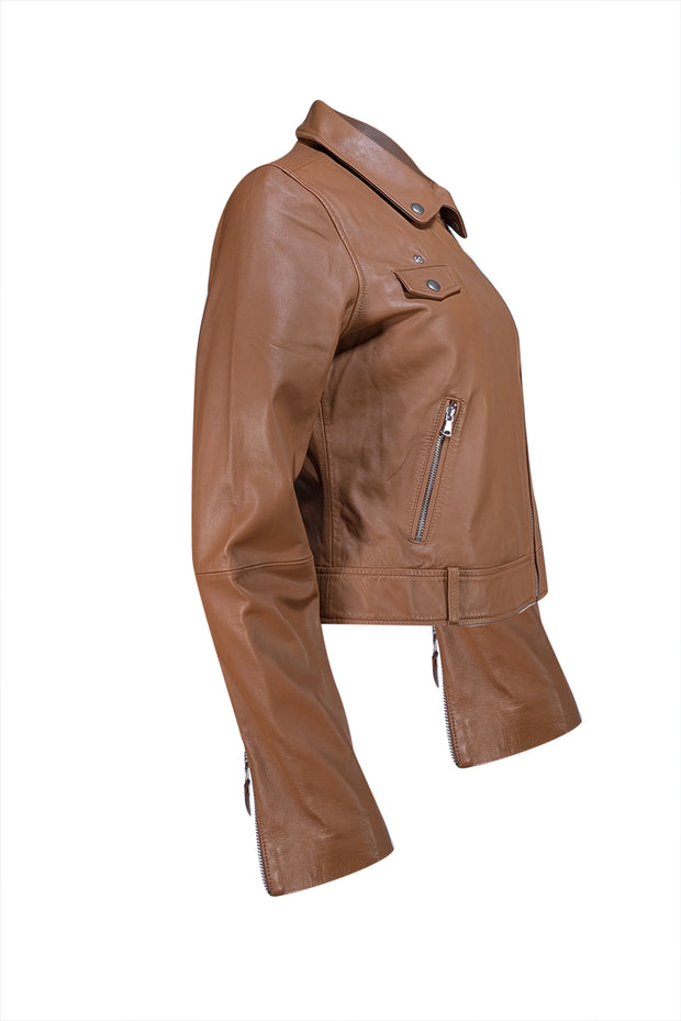 Paige - Tan Genuine Leather Moto Zipper Jacket Sz M