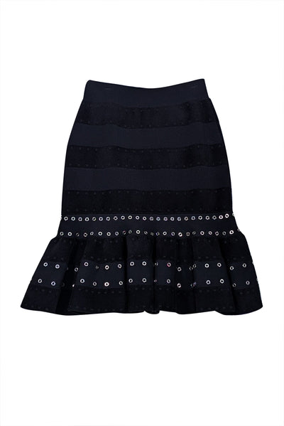 Alexander McQueen - Black Knit Silver Grommet Trim Fit & Flare Skirt Sz S - Current Boutique