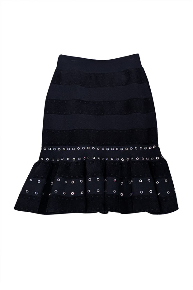 Alexander McQueen - Black Knit Silver Grommet Trim Fit & Flare Skirt Sz S - Current Boutique