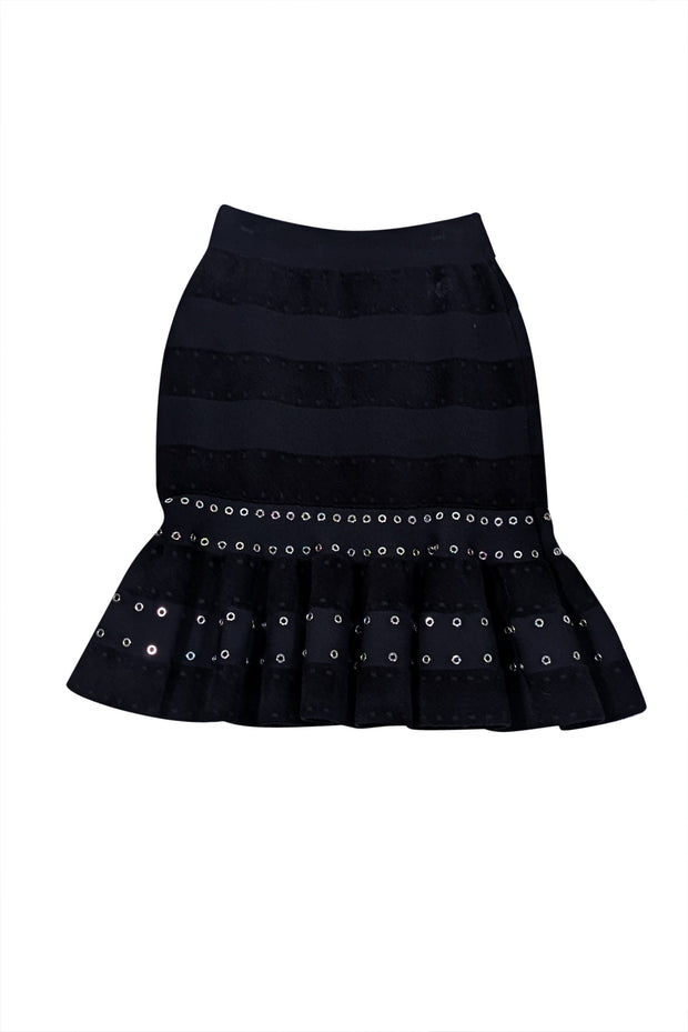 Alexander McQueen - Black Knit Silver Grommet Trim Fit & Flare Skirt Sz S - Current Boutique