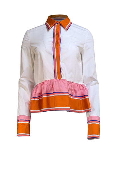 Emilio Pucci - White Button Front w/ Orange, Pink, & Blue Trim Peplum Blouse Sz 8 - Current Boutique
