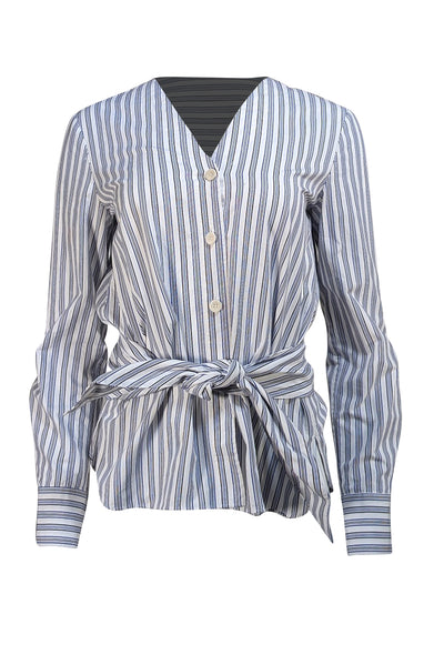 Tibi - White & Blue Striped Button Down W/ Belt "Liam" Shirt Sz 4 - Current Boutique