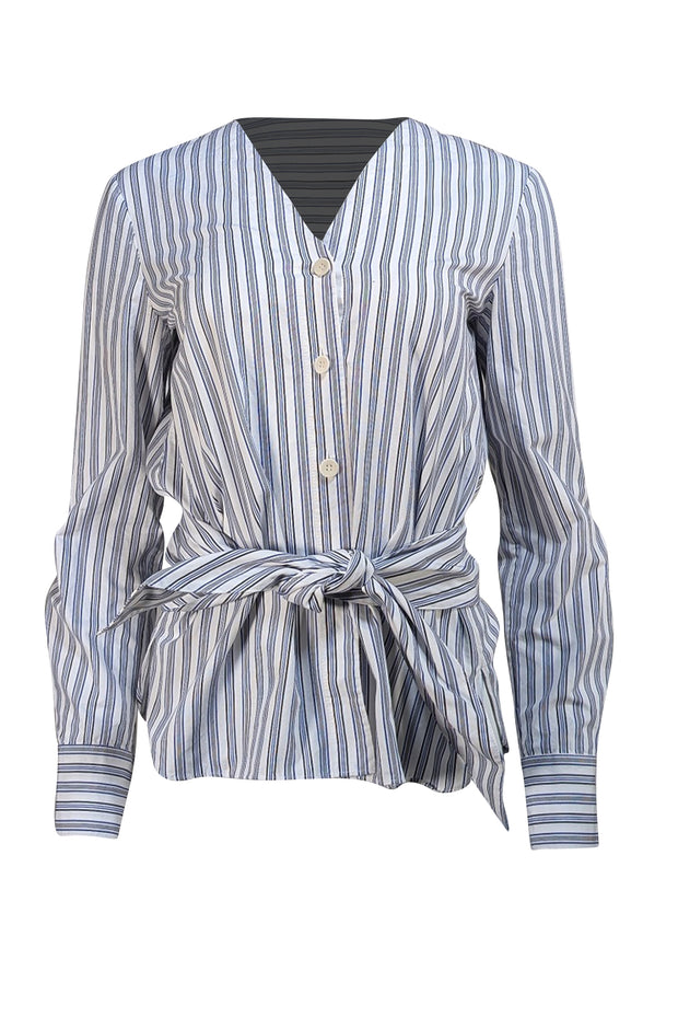 Tibi - White & Blue Striped Button Down W/ Belt "Liam" Shirt Sz 4 - Current Boutique
