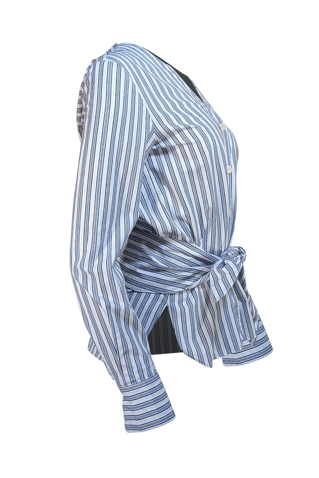 Tibi - White & Blue Striped Button Down W/ Belt "Liam" Shirt Sz 4 - Current Boutique