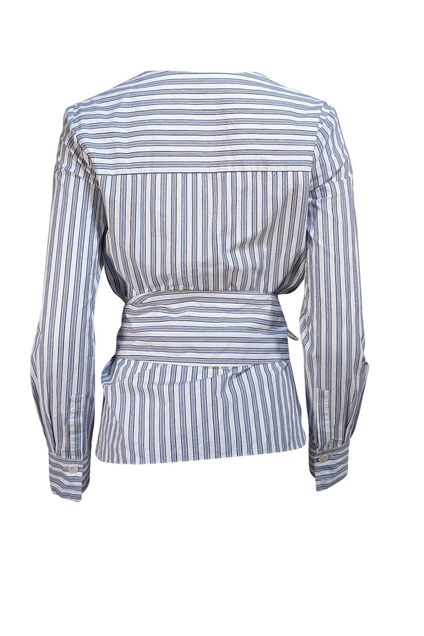 Tibi - White & Blue Striped Button Down W/ Belt "Liam" Shirt Sz 4 - Current Boutique