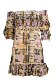 Alexis - Beige, Olive, Tan, Lavender, & Yellow Print Smocked Bodice Dress Sz XS - Current Boutique