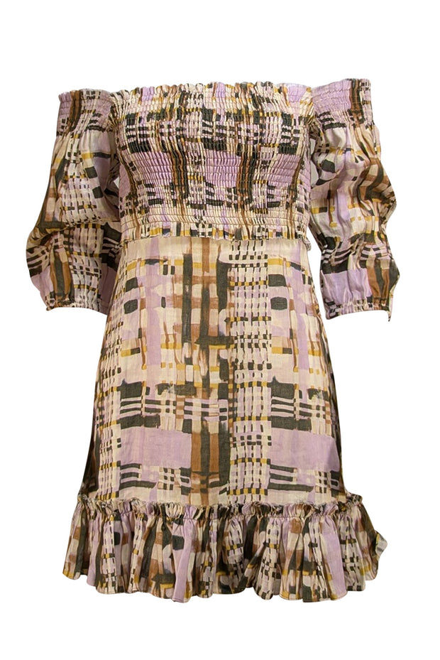 Alexis - Beige, Olive, Tan, Lavender, & Yellow Print Smocked Bodice Dress Sz XS - Current Boutique