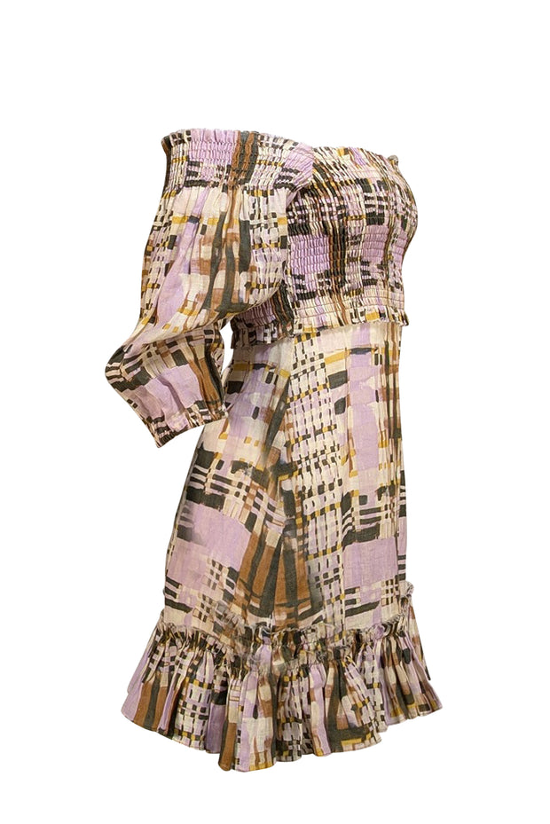 Alexis - Beige, Olive, Tan, Lavender, & Yellow Print Smocked Bodice Dress Sz XS - Current Boutique