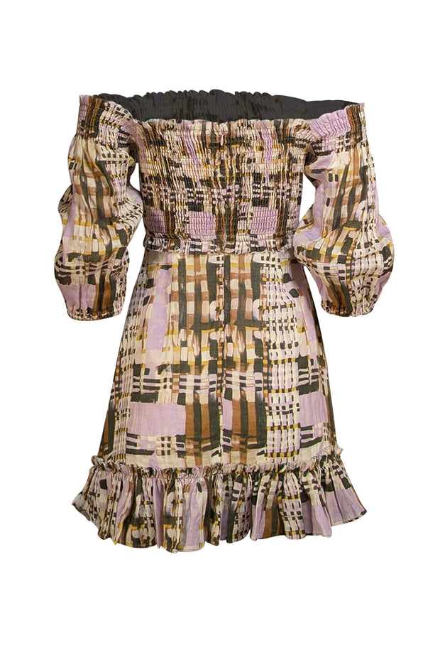 Alexis - Beige, Olive, Tan, Lavender, & Yellow Print Smocked Bodice Dress Sz XS - Current Boutique