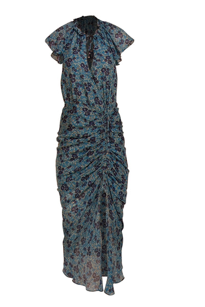 Veronica Beard - Teal Blue Floral Wrap Bodice Ruched Formal Dress Sz 4