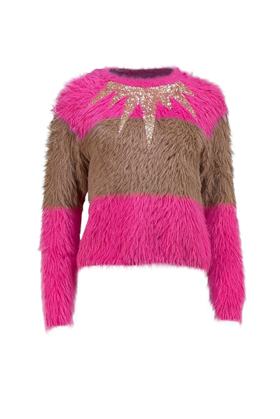 Cynthia Rowley - Pink & Brown Striped Fuzzy Sweater w/ Sequin Detail Sz S - Current Boutique