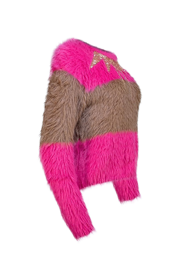 Cynthia Rowley - Pink & Brown Striped Fuzzy Sweater w/ Sequin Detail Sz S - Current Boutique