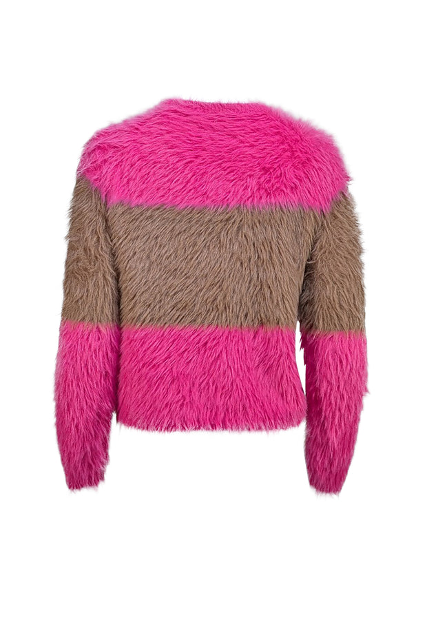 Cynthia Rowley - Pink & Brown Striped Fuzzy Sweater w/ Sequin Detail Sz S - Current Boutique