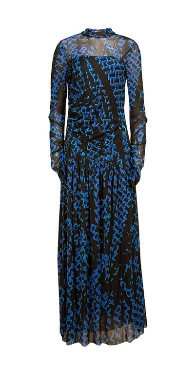 Diane von Furstenberg - Black, Blue, & Teal Print Mesh Ruched Maxi Dress Sz XL - Current Boutique