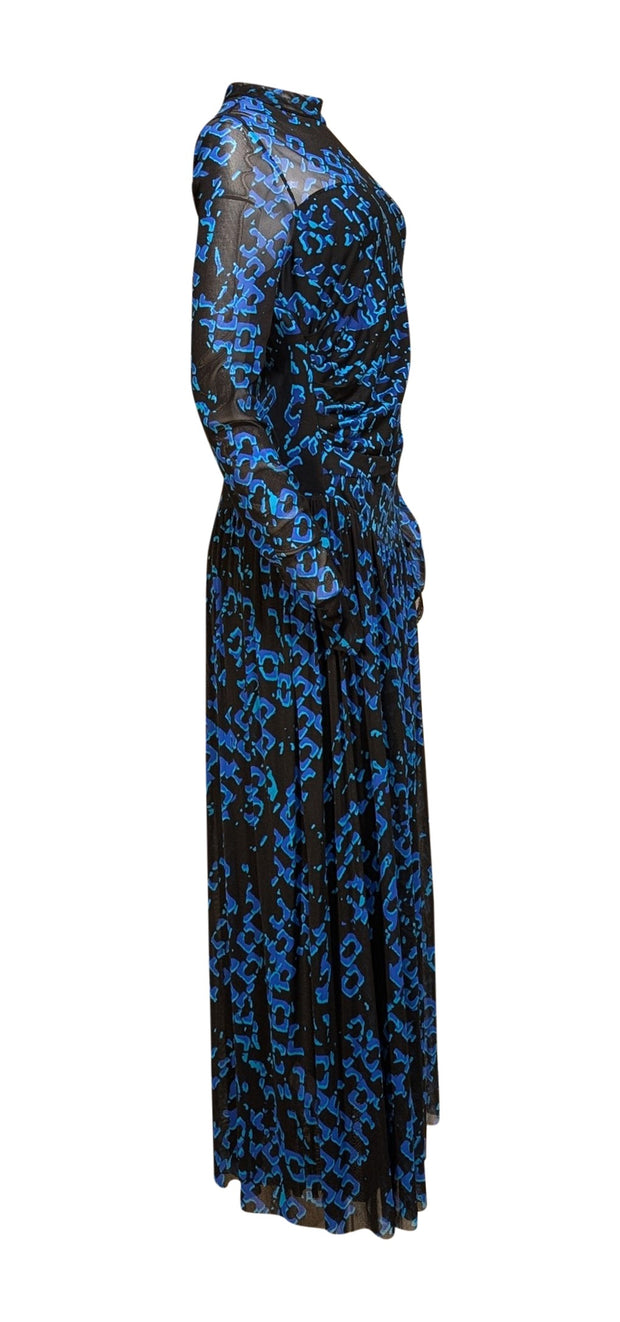 Diane von Furstenberg - Black, Blue, & Teal Print Mesh Ruched Maxi Dress Sz XL - Current Boutique