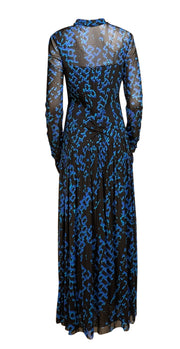Diane von Furstenberg - Black, Blue, & Teal Print Mesh Ruched Maxi Dress Sz XL - Current Boutique