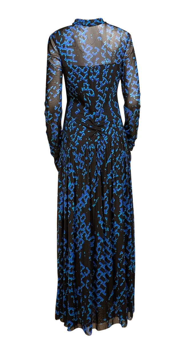 Diane von Furstenberg - Black, Blue, & Teal Print Mesh Ruched Maxi Dress Sz XL - Current Boutique