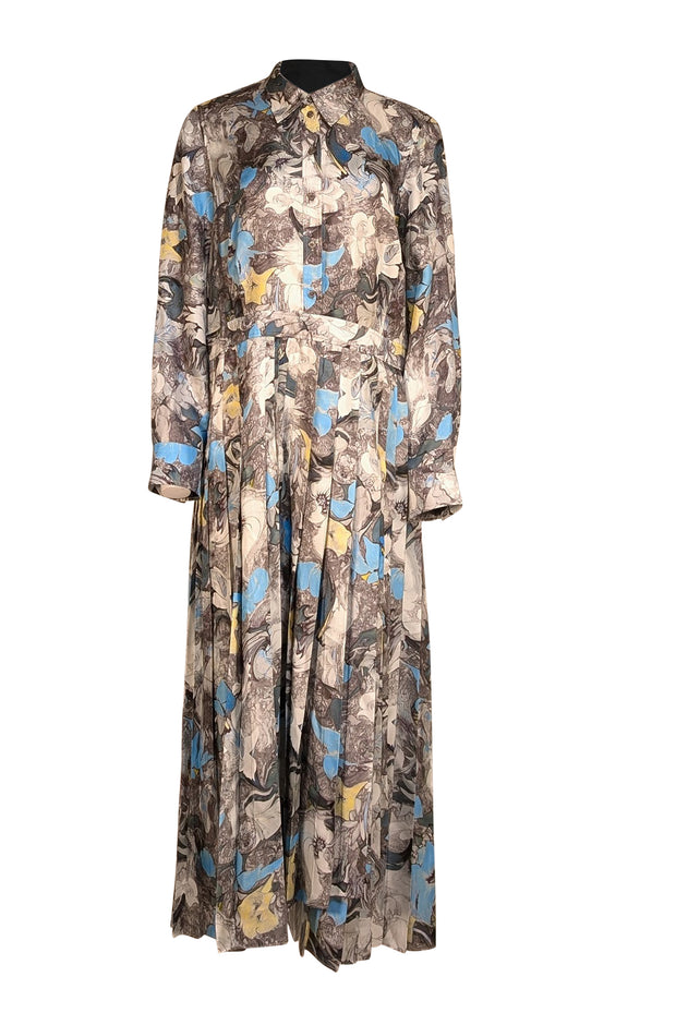 Tory Burch - Grey & Blue Floral Print Plated Bottom Dress Sz 14 - Current Boutique