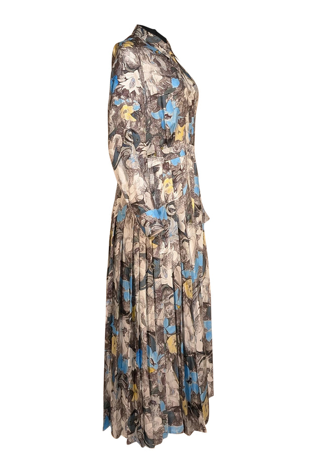 Tory Burch - Grey & Blue Floral Print Plated Bottom Dress Sz 14 - Current Boutique