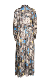 Tory Burch - Grey & Blue Floral Print Plated Bottom Dress Sz 14 - Current Boutique