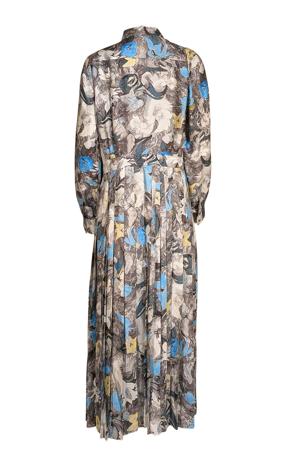 Tory Burch - Grey & Blue Floral Print Plated Bottom Dress Sz 14 - Current Boutique