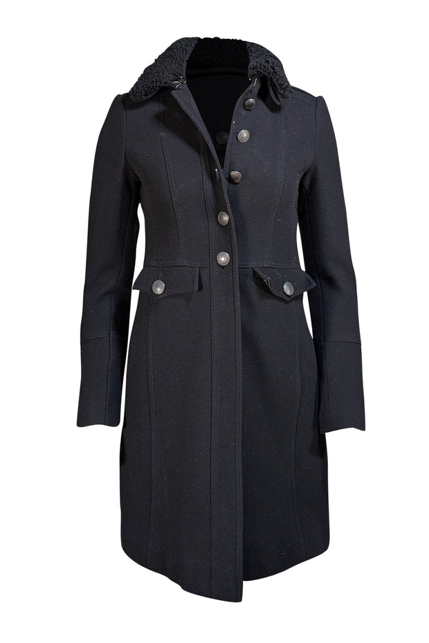 Burberry - Black Fuzzy Trim Removable Collar Long Coat Sz 4