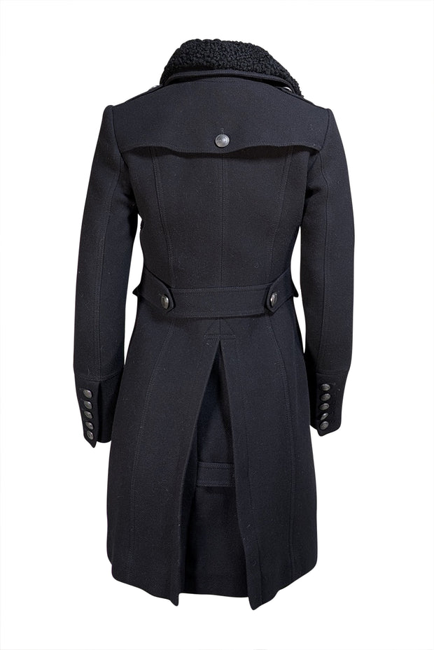 Burberry - Black Fuzzy Trim Removable Collar Long Coat Sz 4