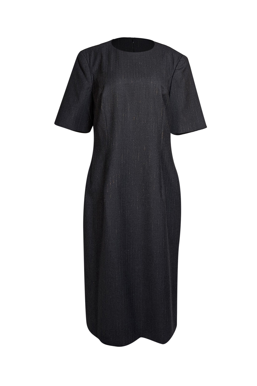 Escada - Charcoal Grey & Gold Wool Shift Midi Dress Sz 12 Escada - Charcoal Grey & Gold Wool Shift Midi Dress Sz 12