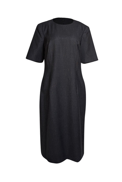 Escada - Charcoal Grey & Gold Wool Shift Midi Dress Sz 12 - Current Boutique