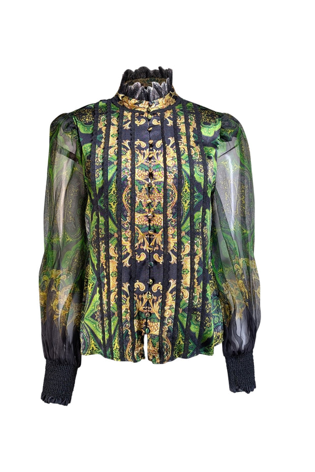 Alice & Olivia - Green, Black, & Yellow Print Silk Blouse w/ Lace Trim Sz M - Current Boutique