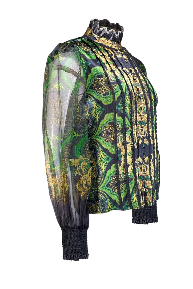 Alice & Olivia - Green, Black, & Yellow Print Silk Blouse w/ Lace Trim Sz M - Current Boutique