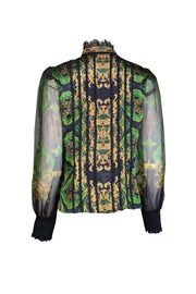 Alice & Olivia - Green, Black, & Yellow Print Silk Blouse w/ Lace Trim Sz M - Current Boutique
