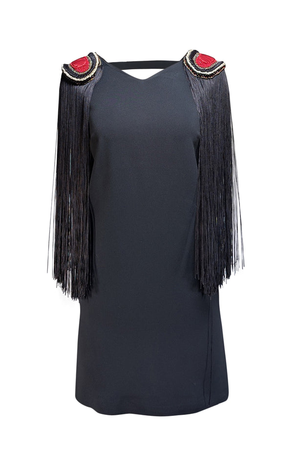 La Perla - Black Sleeveless Beaded Trim Fringe Shoulder Dress Sz 6 La Perla - Black Sleeveless Beaded Trim Fringe Shoulder Dress Sz 6
