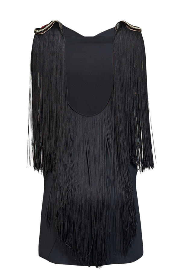 La Perla - Black Sleeveless Beaded Trim Fringe Shoulder Dress Sz 6 La Perla - Black Sleeveless Beaded Trim Fringe Shoulder Dress Sz 6