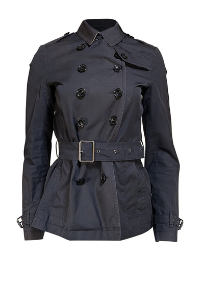 Burberry - Black Short Trench Coat w/ Signature Plaid Lining Sz 8