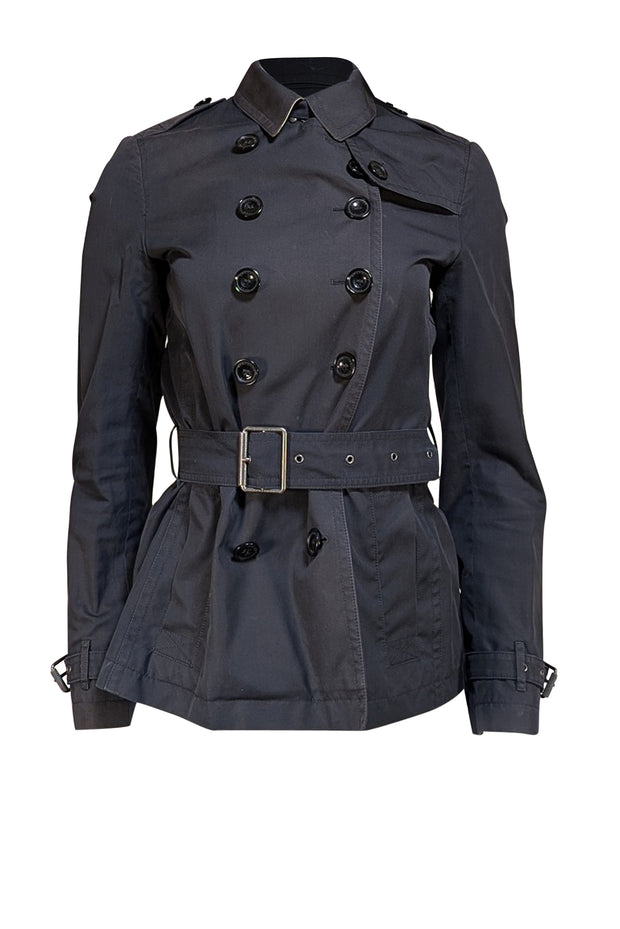 Burberry - Black Short Trench Coat w/ Signature Plaid Lining Sz 8