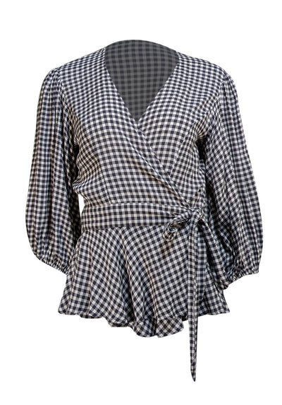 Ganni - Black & White Gingham Wrap Blouse Sz 6 - Current Boutique