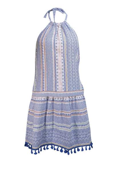 Saylor - Blue & White Print Halter Dress Sz M - Current Boutique
